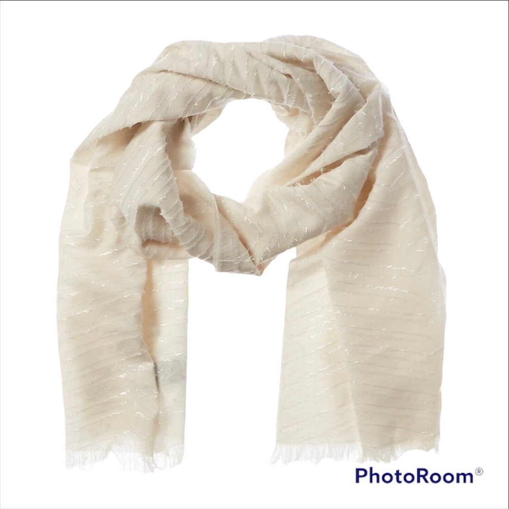 NWT Badgley Mischka Herringbone Wool-Blend Scarf, OS, Ivory w/ Silver Thread